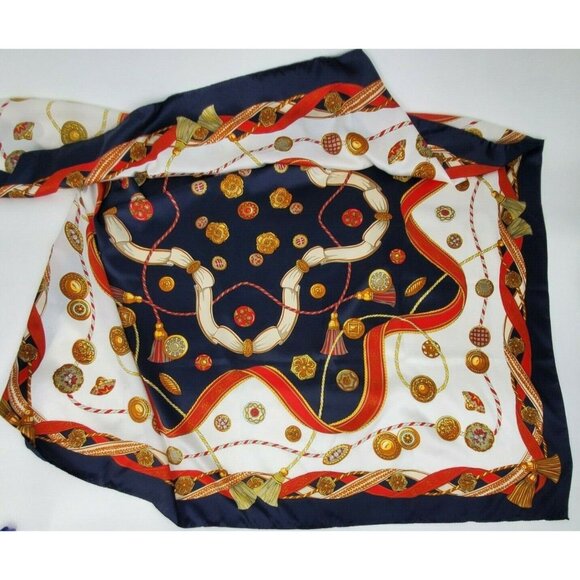 Italian Blue Framed Scarf Wrap Medallions Tassels 44" Square Vintage Polyester - Picture 9 of 11